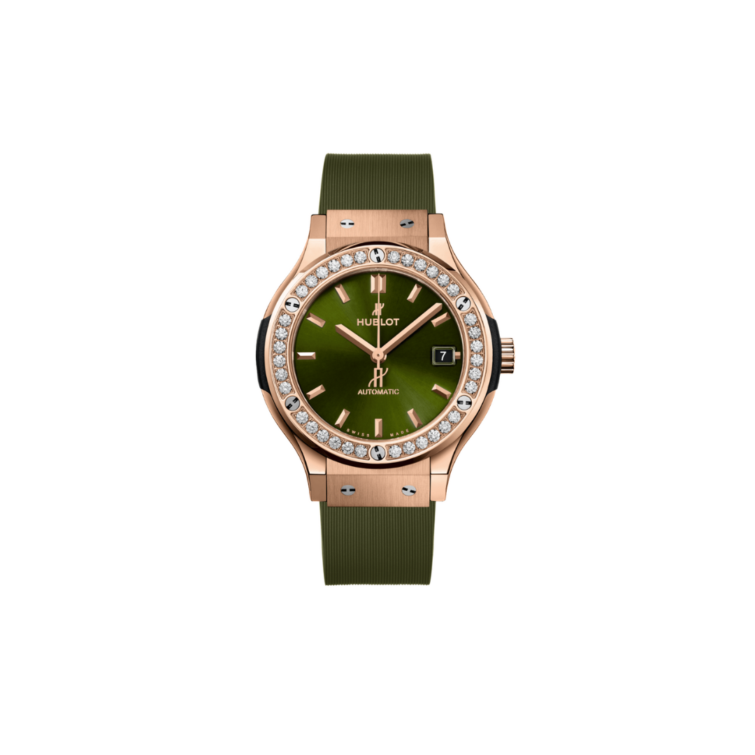 Ladies' watch  HUBLOT, Classic Fusion King Gold Green Diamonds / 38mm, SKU: 565.OX.8980.RX.1204 | timeolution.com