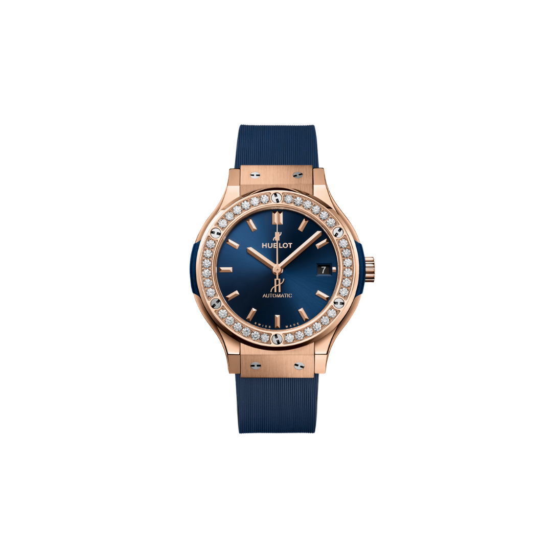 Ladies' watch  HUBLOT, Classic Fusion King Gold Blue Diamonds / 38mm, SKU: 565.OX.7180.RX.1204 | timeolution.com