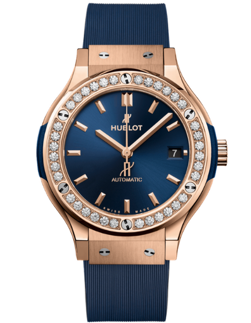 Ladies' watch  HUBLOT, Classic Fusion King Gold Blue Diamonds / 38mm, SKU: 565.OX.7180.RX.1204 | timeolution.com