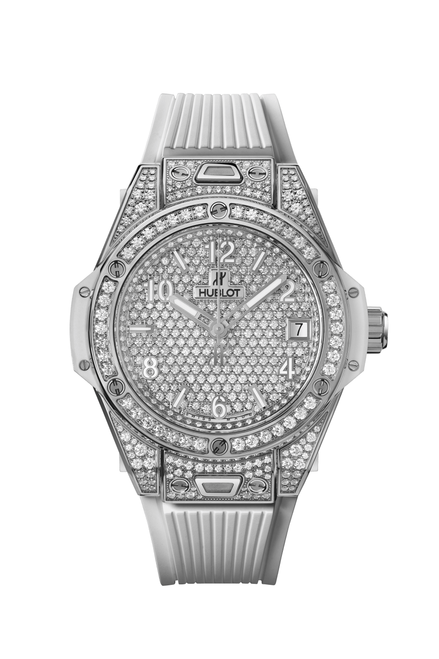 Men's watch / unisex  HUBLOT, One Click Steel White Full Pave / 39mm, SKU: 465.SE.9010.RW.1604 | timeolution.com