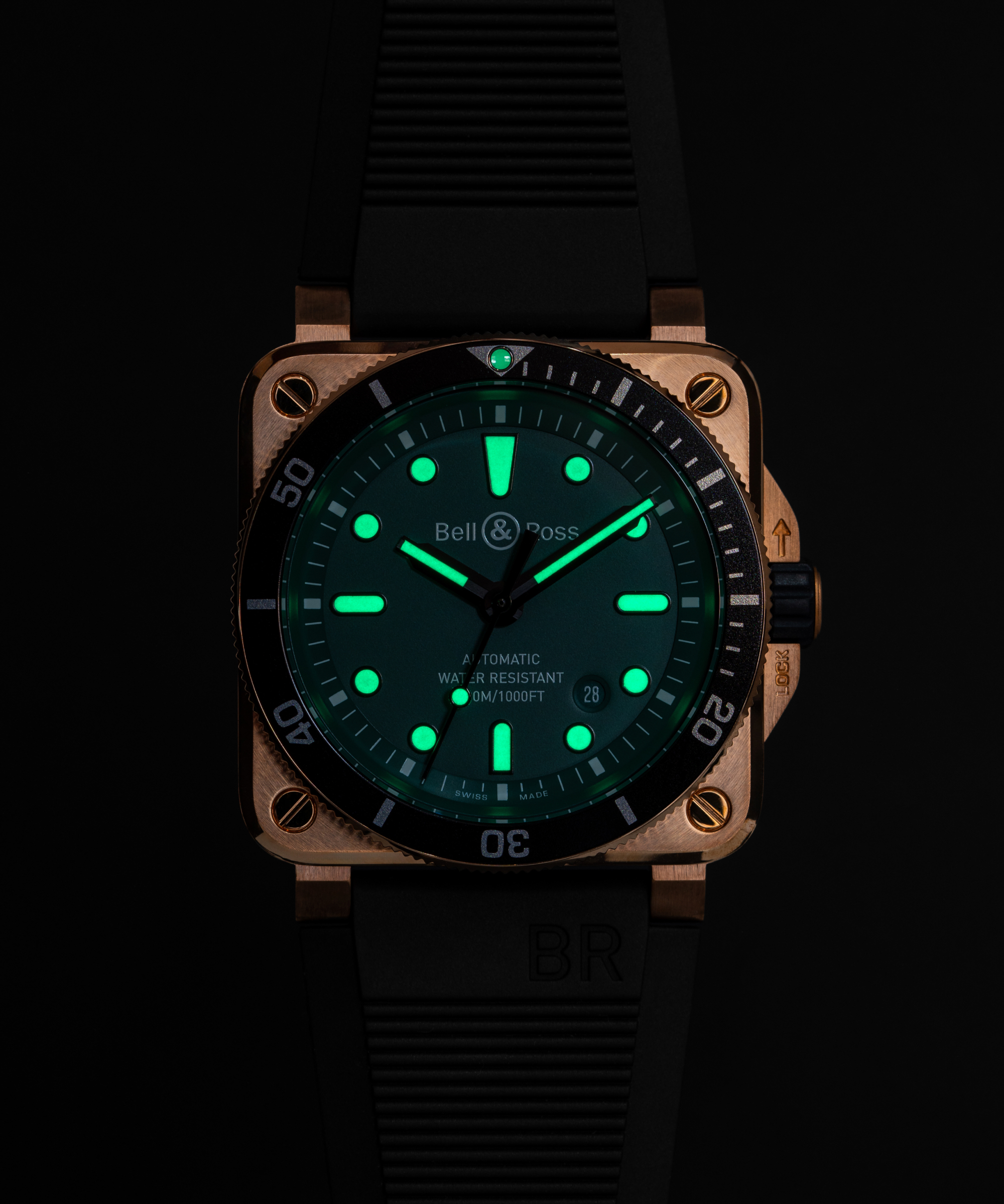 Men's watch / unisex  BELL & ROSS, BR 03-92 Diver Black & Green Bronze / 42mm, SKU: BR0392-D-LT-BR/SRB | timeolution.com